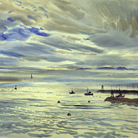 Rex Brandt, watercolor, coastal, marine, ocean, sky, boat, maritime, seascape, Newport Beach, Rex Brandt Nweport Jetty