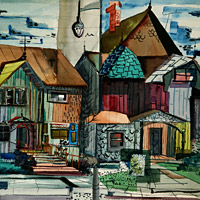The Hilbert Collection urban, semi-abstract, abstract, watercolor, Frank Ackerman Street Front  